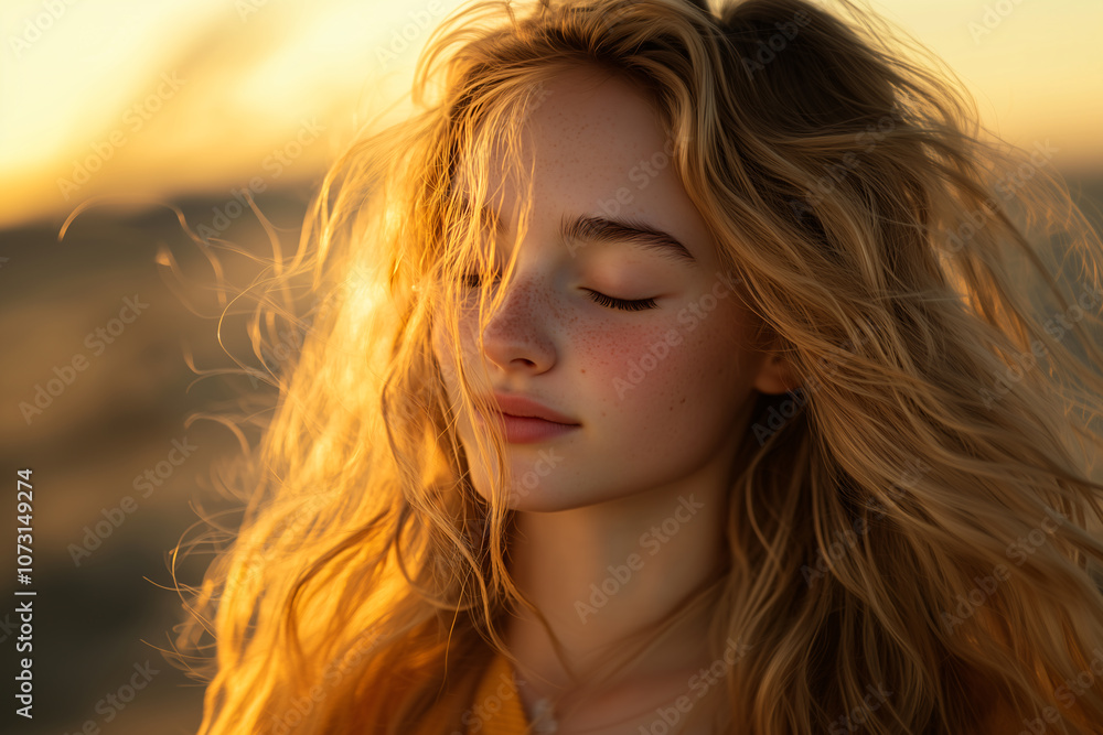 Young pretty blonde girl breathing fresh air in nature Young pretty blonde girl breathing fresh air in nature