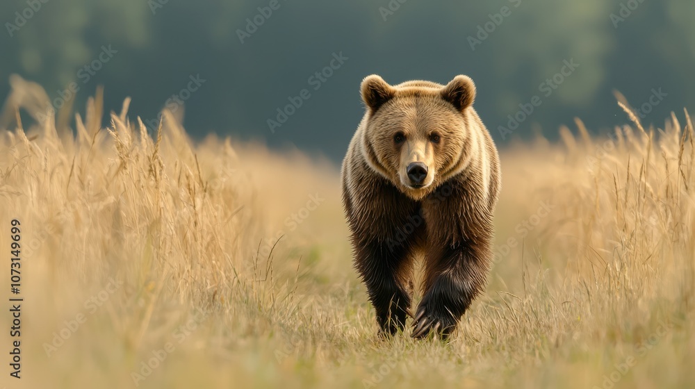 brown bear walks through golden field, surrounded by tall grass under clear sky, showcasing beauty of wildlife in its natural habitat brown bear walks through golden field, surrounded by tall grass under clear sky, showcasing beauty of wildlife in its natural habitat