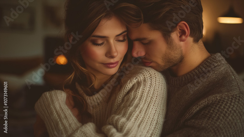 Cozy romantic couple embracing by warm fireplace in winter sweaters