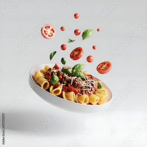 An Italian pasta Bolognese floating in the air. The plate with pasta has minced meat in tomato sauce, basil leaves, and grated cheese. 3d illustration or render of an isolated icon on white background