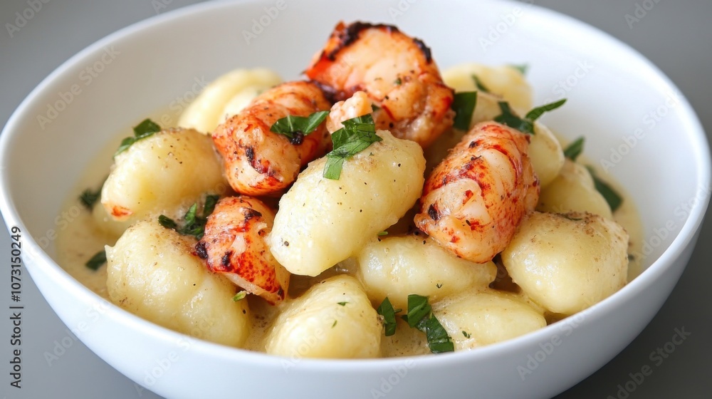 A delicious bowl of gnocchi topped with grilled shrimp and garnished with fresh herbs, showcasing a delightful blend of textures and flavors. A delicious bowl of gnocchi topped with grilled shrimp and garnished with fresh herbs, showcasing a delightful blend of textures and flavors.
