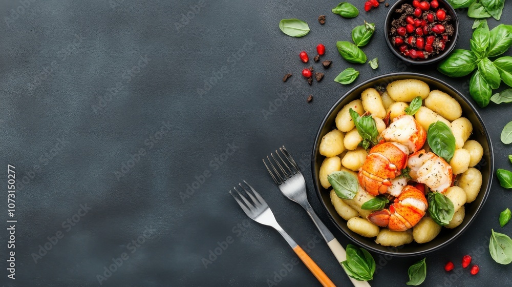 A bowl of gnocchi topped with shrimp, basil, and cherry tomatoes, served on a dark surface with additional greens and berries on the side. A bowl of gnocchi topped with shrimp, basil, and cherry tomatoes, served on a dark surface with additional greens and berries on the side.