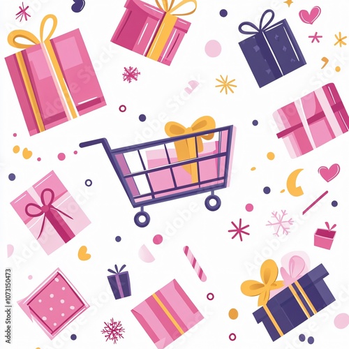 Explore festive shopping with colorful gift boxes in a shopping cart