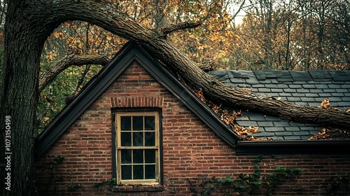 Tree Branch Resting on Brick House