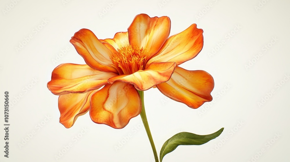 Fototapeta premium Vibrant orange flower with delicate petals and green stem on light background