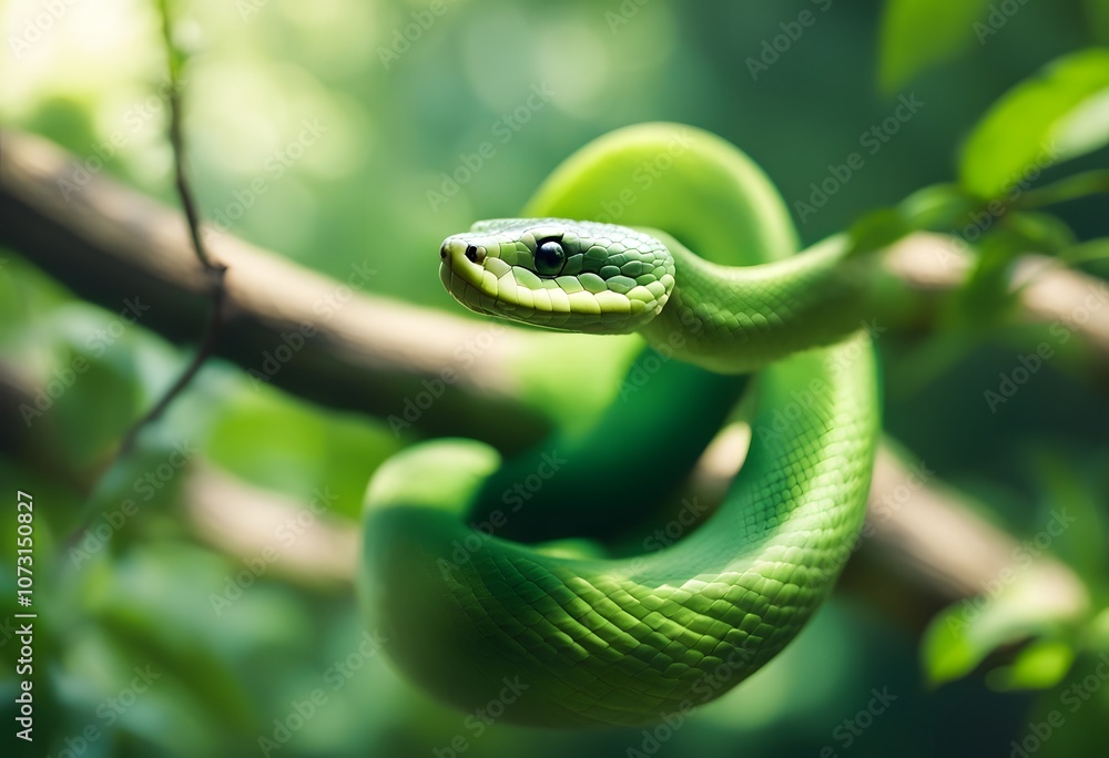 Green Wooden Snake Symbol of Chinese New Year in Lush Garden Setting Green Wooden Snake Symbol of Chinese New Year in Lush Garden Setting