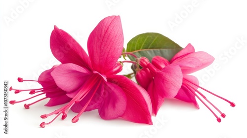 Vibrant pink fuchsia flowers with green leaf on white background photo