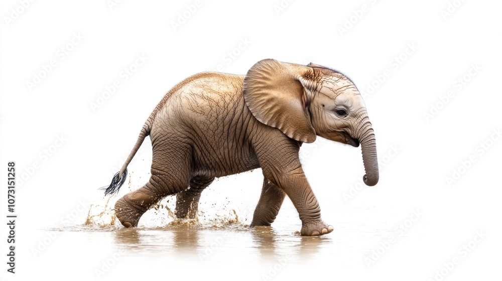 Fototapeta premium Baby Elephant Walks Through Water