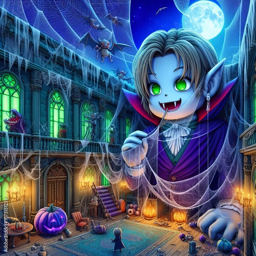 A reduced vampire living in a giant haunted mansion surrounded b photo