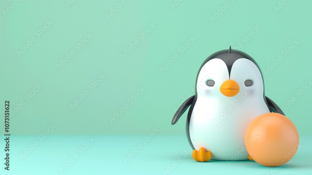 Obraz premium A cute cartoon penguin sitting with an orange egg on a blue background.