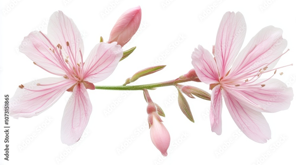 Delicate pink cherry blossom branch on white background capturing spring serenity Delicate pink cherry blossom branch on white background capturing spring serenity