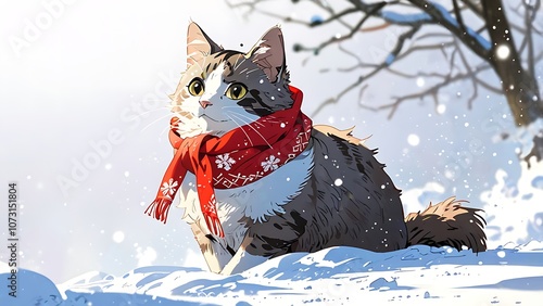 cat wearing a red scarf with snowflakes  sitting in the white snow cartoon anime winter background 