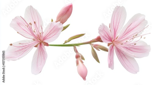 Delicate pink cherry blossom branch on white background capturing spring serenity