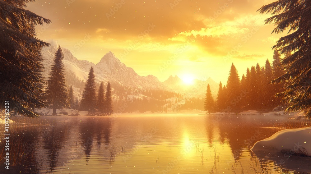 A serene winter landscape at sunset, reflecting mountains and tree in a tranquil lake. A serene winter landscape at sunset, reflecting mountains and tree in a tranquil lake.