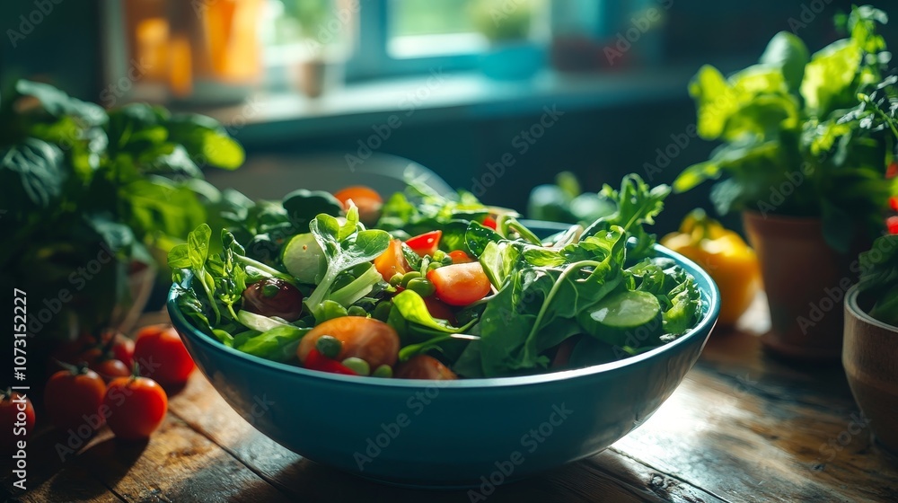 A colorful salad in a blue bowl surrounded by fresh vegetable on a wooden table. A colorful salad in a blue bowl surrounded by fresh vegetable on a wooden table.