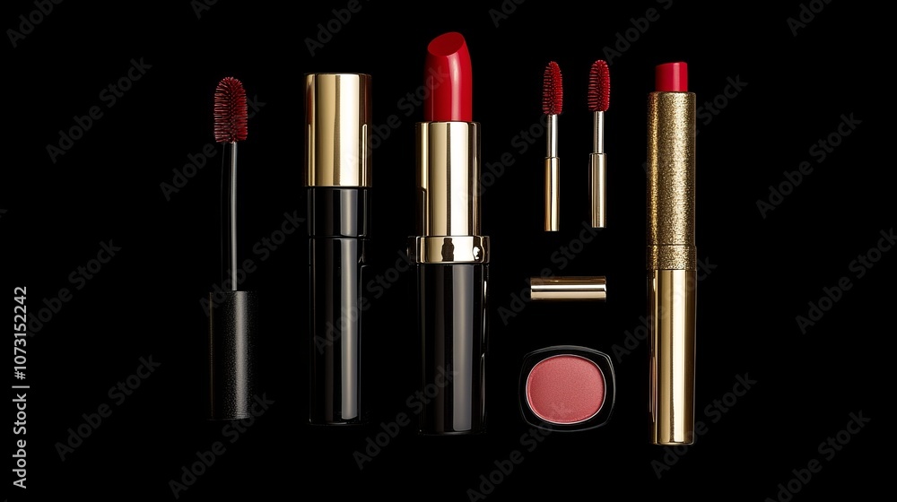 Obraz premium A collection of red lip products including lipsticks and glosses on a black background.