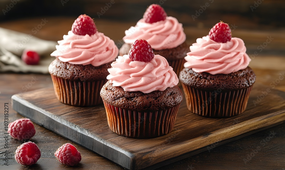 Delicious Chocolate Cupcakes with Pink Raspberry, Generative AI Delicious Chocolate Cupcakes with Pink Raspberry, Generative AI