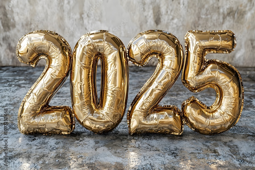 Gold balloons display the year 2025 on a textured surface. Generative AI. Gold balloons display the year 2025 on a textured surface. Generative AI.