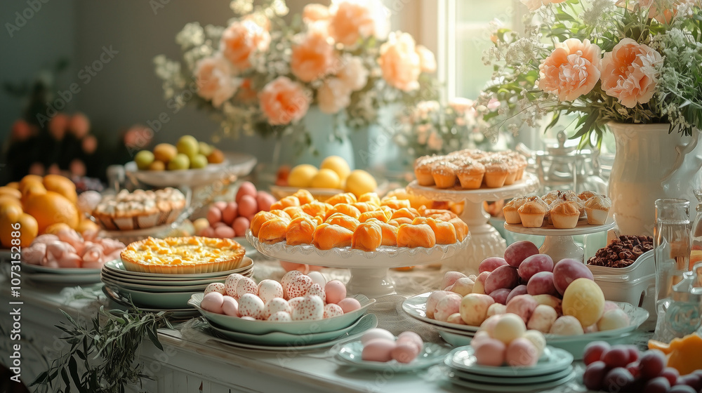 Naklejka premium Easter dining table featuring pastel-colored tableware, eggs