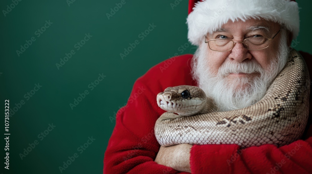 Naklejka premium Jolly Santa, in his classic red suit, calmly holds a large python with a playful smile against a green studio backdrop, blending unexpected elements.