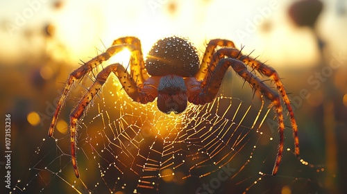 Spider Constructing a Web at Dawn, Close-up of a spider delicately spinning a web, dew-covered strands glistening in early morning light, background blurred for focus 