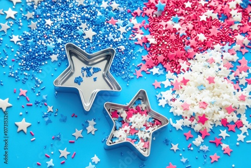 Two silver star-shaped cookie cutters on a blue background with red, white and blue sprinkles. photo