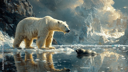 Polar Bear on Ice with Seal Nearby, Polar bear carefully approaching a hole in the ice, where a seal might surface, dramatic Arctic landscape with icy reflections  photo