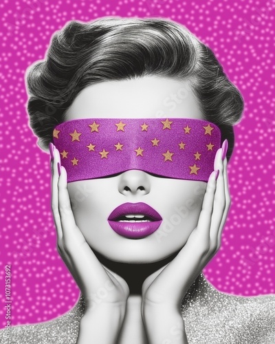 Woman with pink colored blindfold decorated with yellow stars. Lips and nails matching the vibrant hue.  Bold retro aesthetic and glamour.