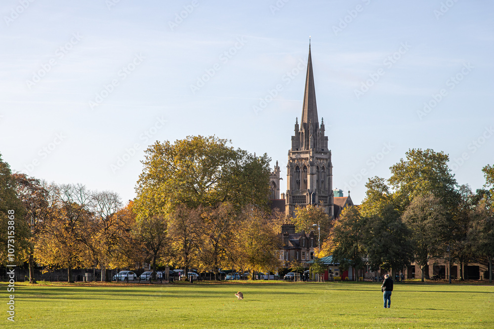 Cambridge, England. Parker's Piece and the tower of the Church of Our Lady of the Assumption and the English Martyrs