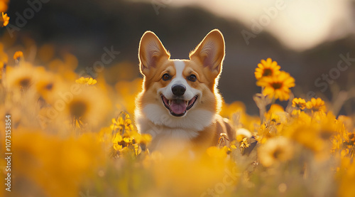 A happy corgi dog stands in a field of yellow flowers, looking directly at the camera, on a sunny afternoon