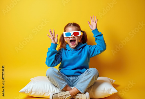 Excited child in 3d glasses sitting on pillow against bright yellow background photo