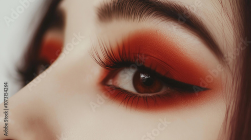 Close-up of a woman's eye with dramatic red eyeshadow and bold eyeliner in elegant makeup style