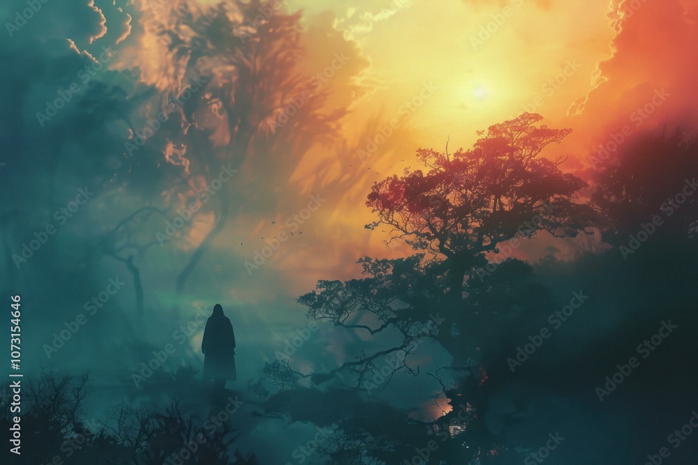 Mysterious person wearing a cloak is standing in a spooky forest with ...