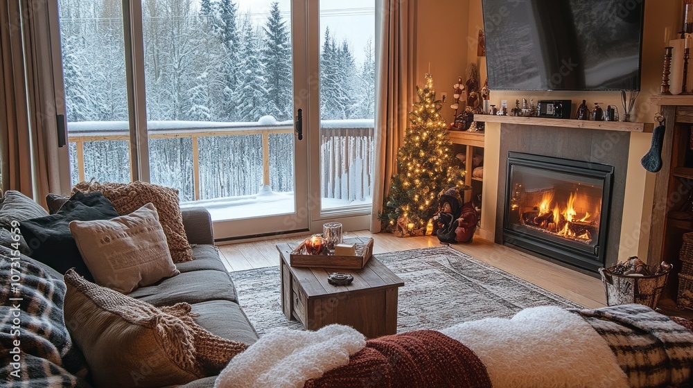 Fototapeta premium Cozy Living Room with Fireplace and Snowy View