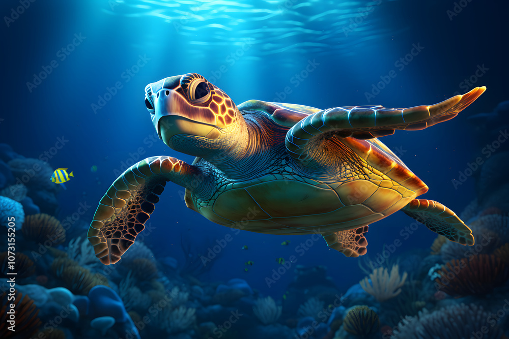 Fototapeta premium A vibrant sea turtle gracefully swims through a coral reef, showcasing the beauty of marine life in clear blue waters.