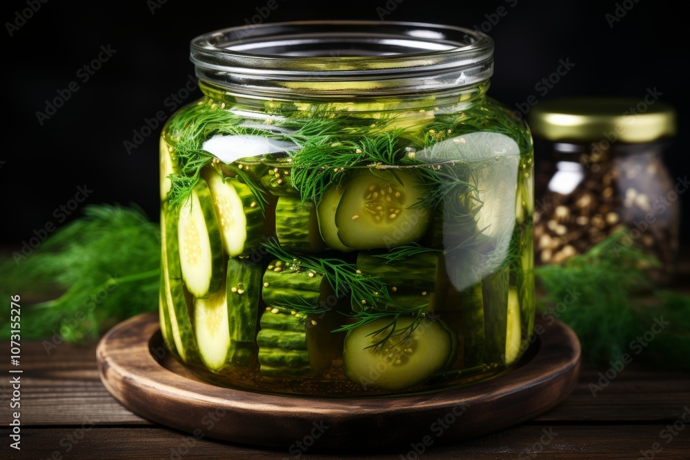 Jar of fresh green cucumbers in spicy brine with dill seeds and bay leaves for flavor infusion Jar of fresh green cucumbers in spicy brine with dill seeds and bay leaves for flavor infusion
