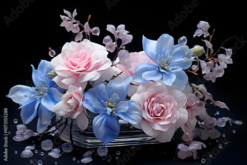 Beautiful arrangement of pink and blue flowers in a glass vase against a dark background. Perfect for floral designs and decor.