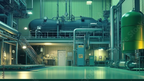 Interior of a industrial factory with large machinery, pipes, and a green floor.