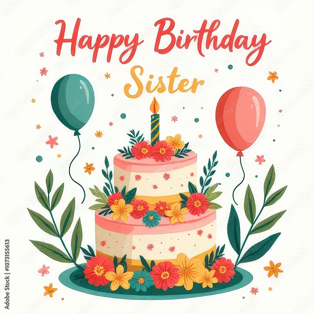 Fun happy birthday sister funny meme card with colorful decorations and humorous text.