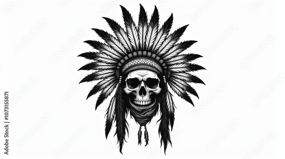 Obraz premium Native American Warrior with Feathered Headdress and Beaded Bandana