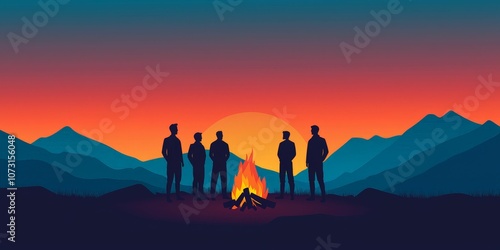 Silhouetted figures gather around a campfire against a vibrant sunset, surrounded by mountains, creating a warm and serene outdoor atmosphere.