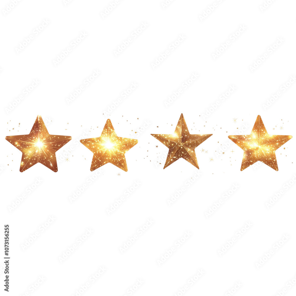 Obraz premium Four glittering golden stars sparkle against a white background, symbolizing excellence and achievement.