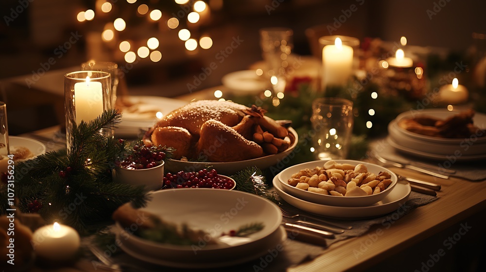 Naklejka premium Elegant holiday dinner table setting with festive decor candles pine branches and roasted turkey : Generative AI