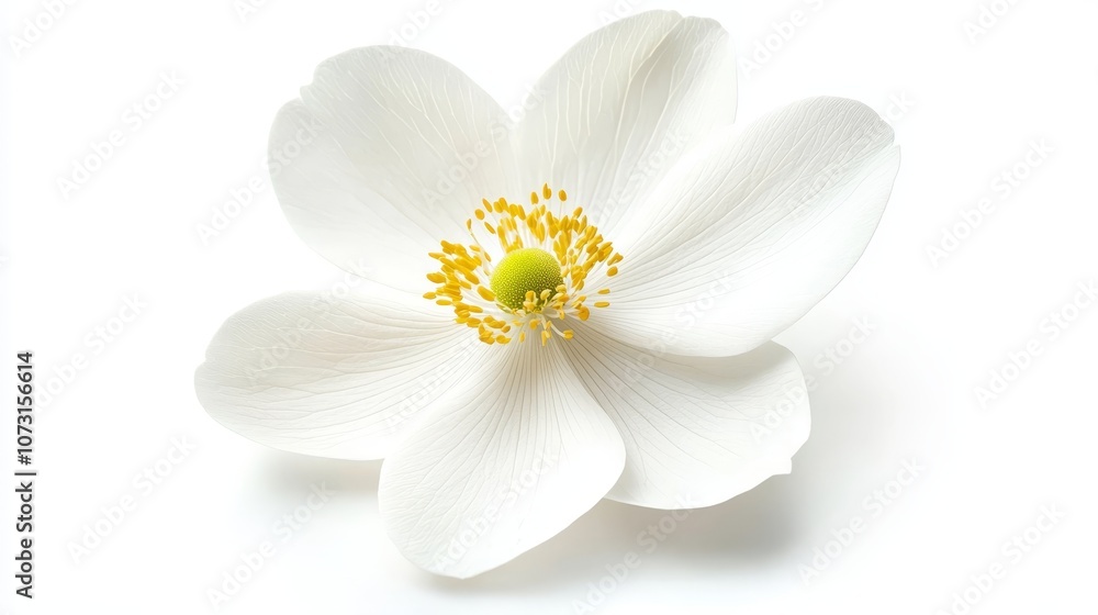 Obraz premium Delicate white flower with yellow center on clean background