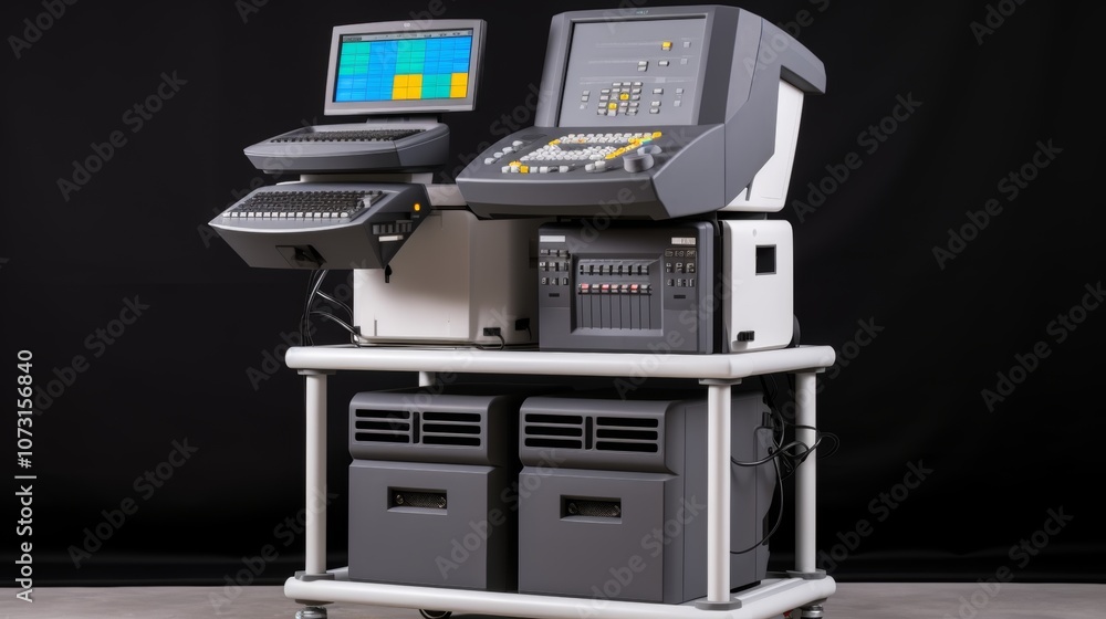 Ultrasound machine with screen: Create a scene where the ultrasound machine screen displays an image of the knee joint, a palette of no more than three colors. Ultrasound machine with screen: Create a scene where the ultrasound machine screen displays an image of the knee joint, a palette of no more than three colors.