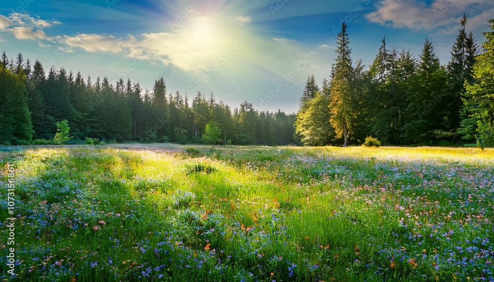 Fototapeta premium Serenity in Bloom: A Wildflower Meadow Surrounded by Forest Calm