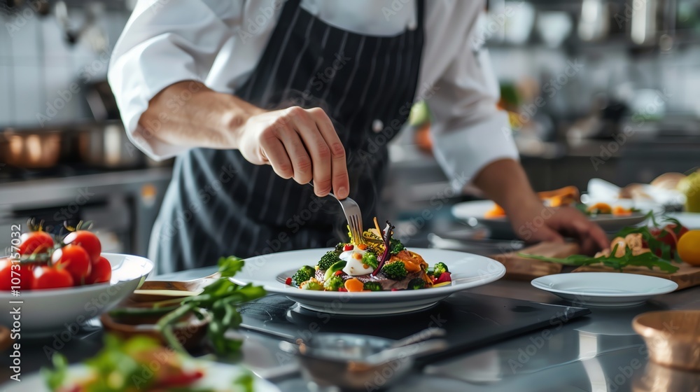 A chef in a white coat and black apron adds finishing touches to a plated dish. A chef in a white coat and black apron adds finishing touches to a plated dish.