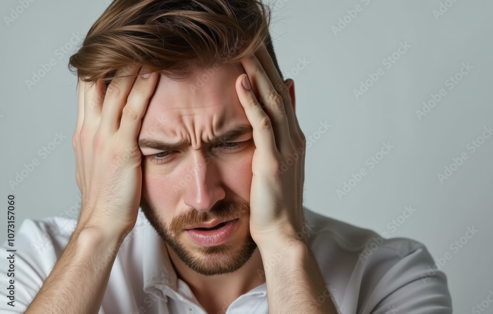Stressed young man holding head in hands with worried expression Stressed young man holding head in hands with worried expression