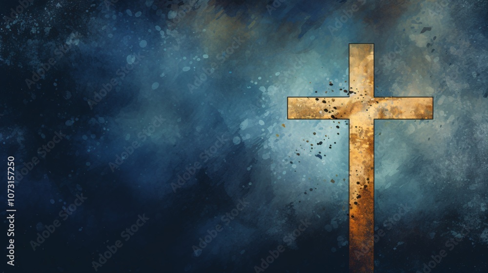 golden cross on a dark blue textured background with vibrant splashes golden cross on a dark blue textured background with vibrant splashes