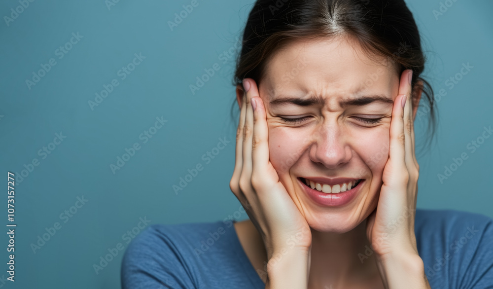 Young woman struggling with stress and frustration against blue background Young woman struggling with stress and frustration against blue background